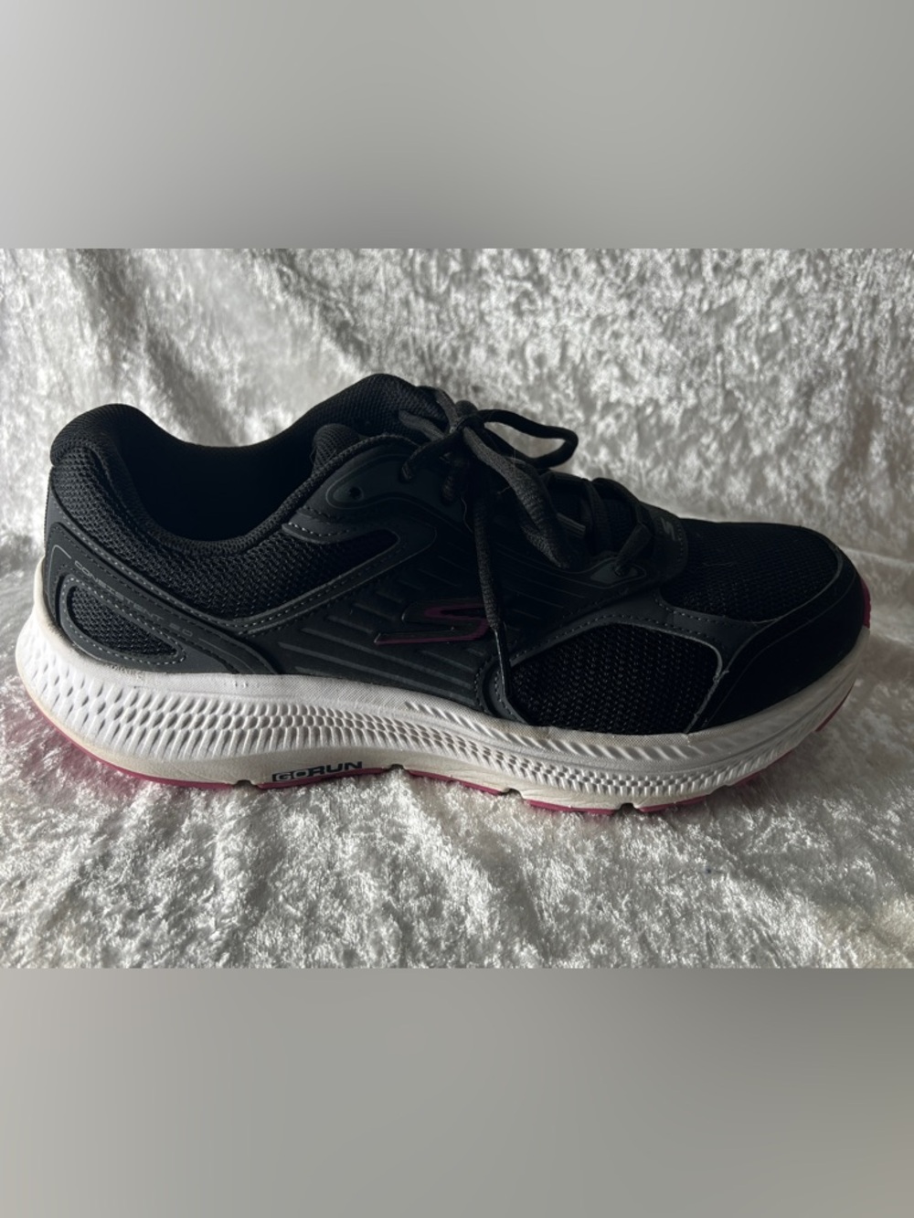 Skechers Women's Black Athletic Lace-Up Running Shoe with Pink Accents